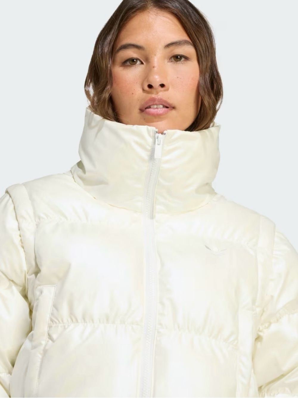 Adidas Originals Essentials Glossy 2-in-1 Cropped Puffer Jacket Ivory L NWT - Picture 6 of 10